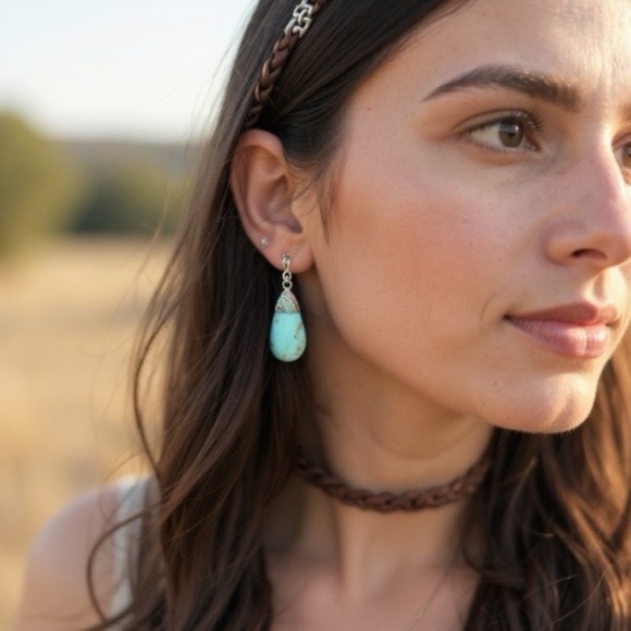 Turquoise Sterling Silver Teardrop Dangle Statement Dangle Earrings - Picture 4 of 9